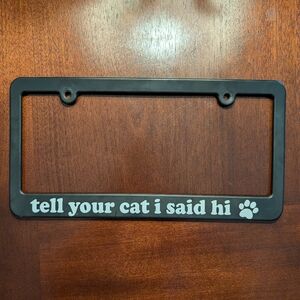 Black License Plate Frame with Cat Greeting